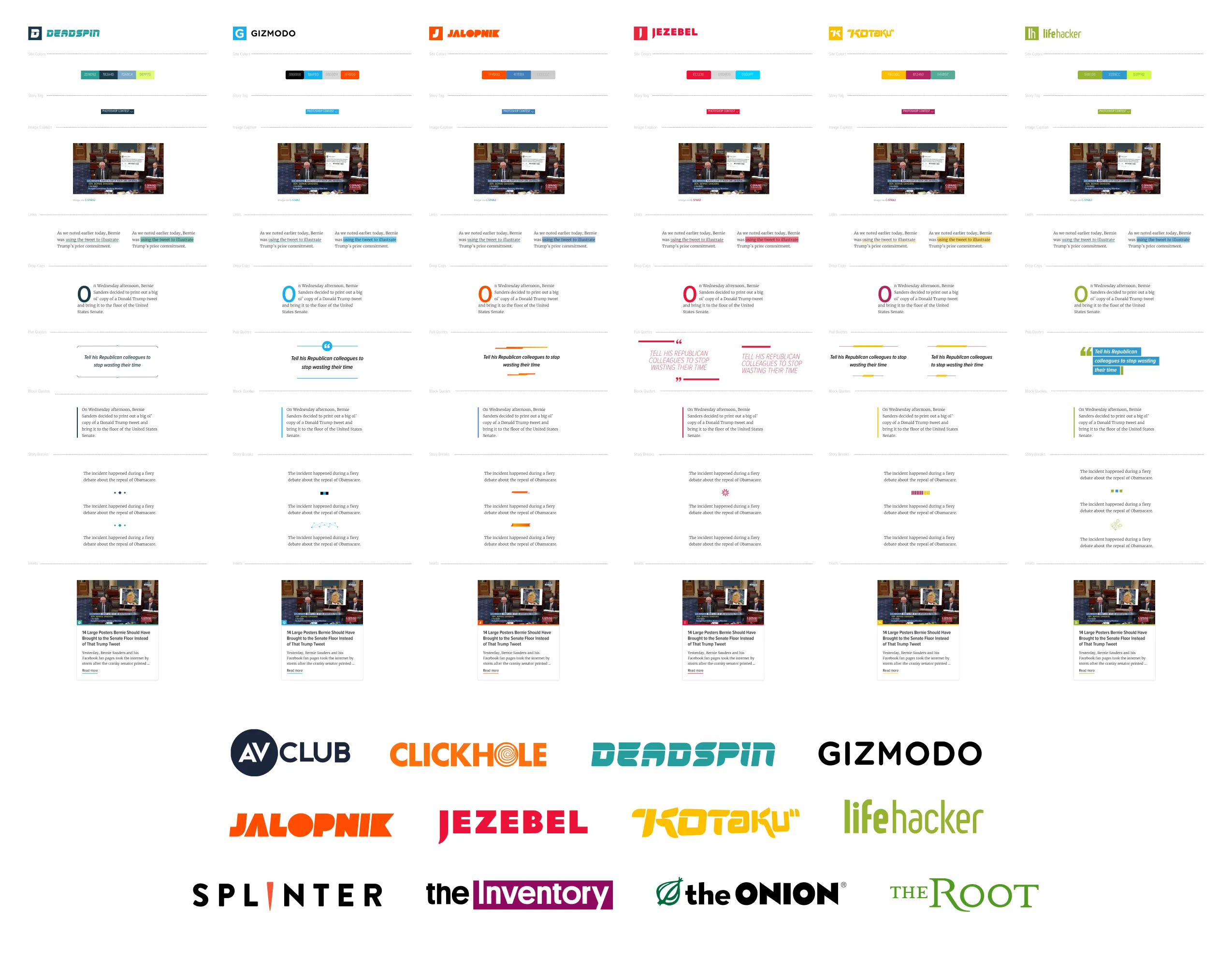 The brand board: every site, same template, distinct voice.