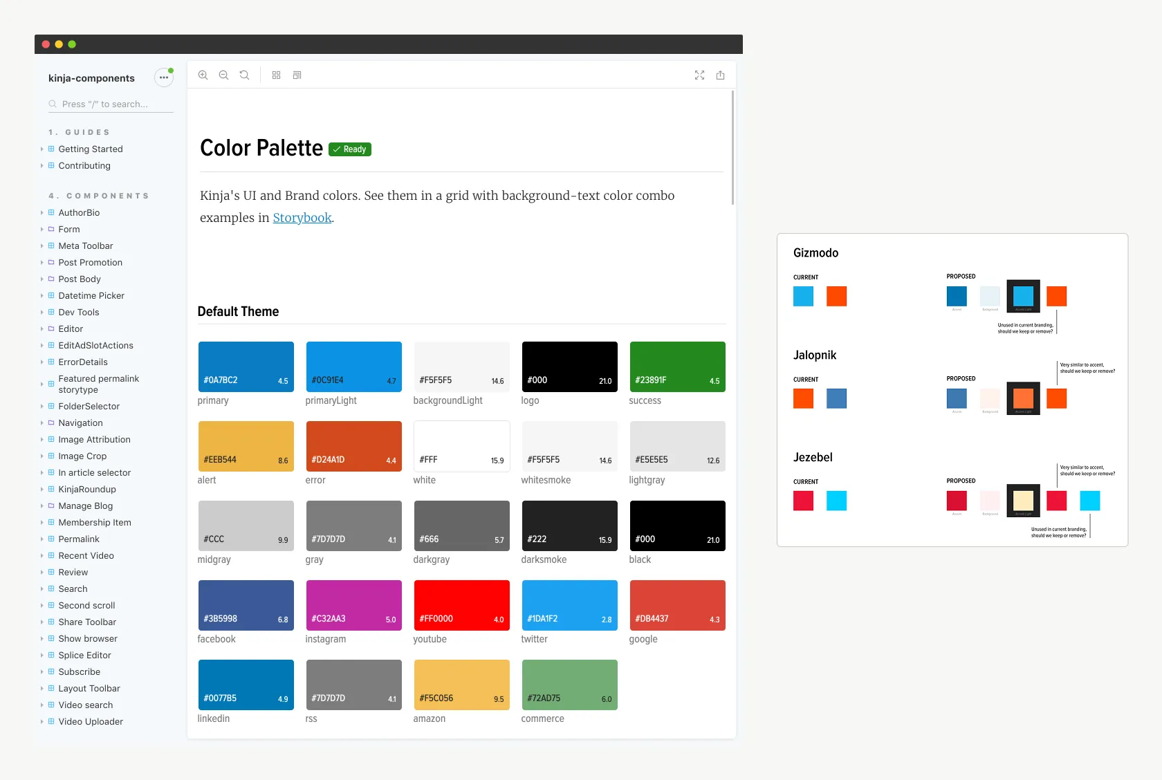 Storybook's color docs, next to the accessibility color proposals.