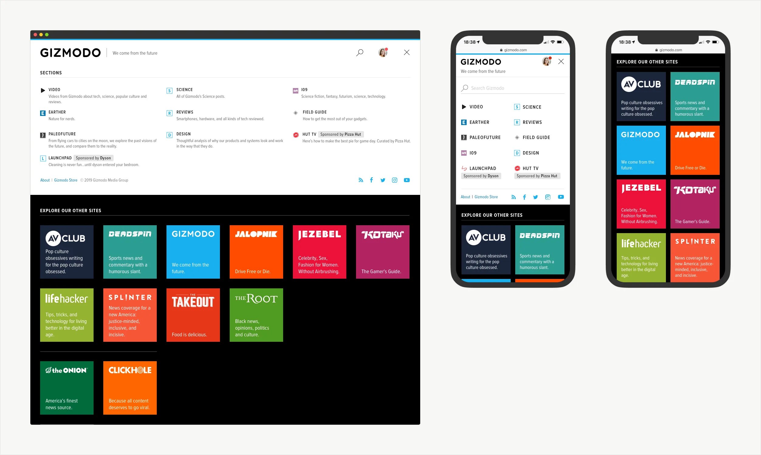 Section and network navigation on desktop and mobile.