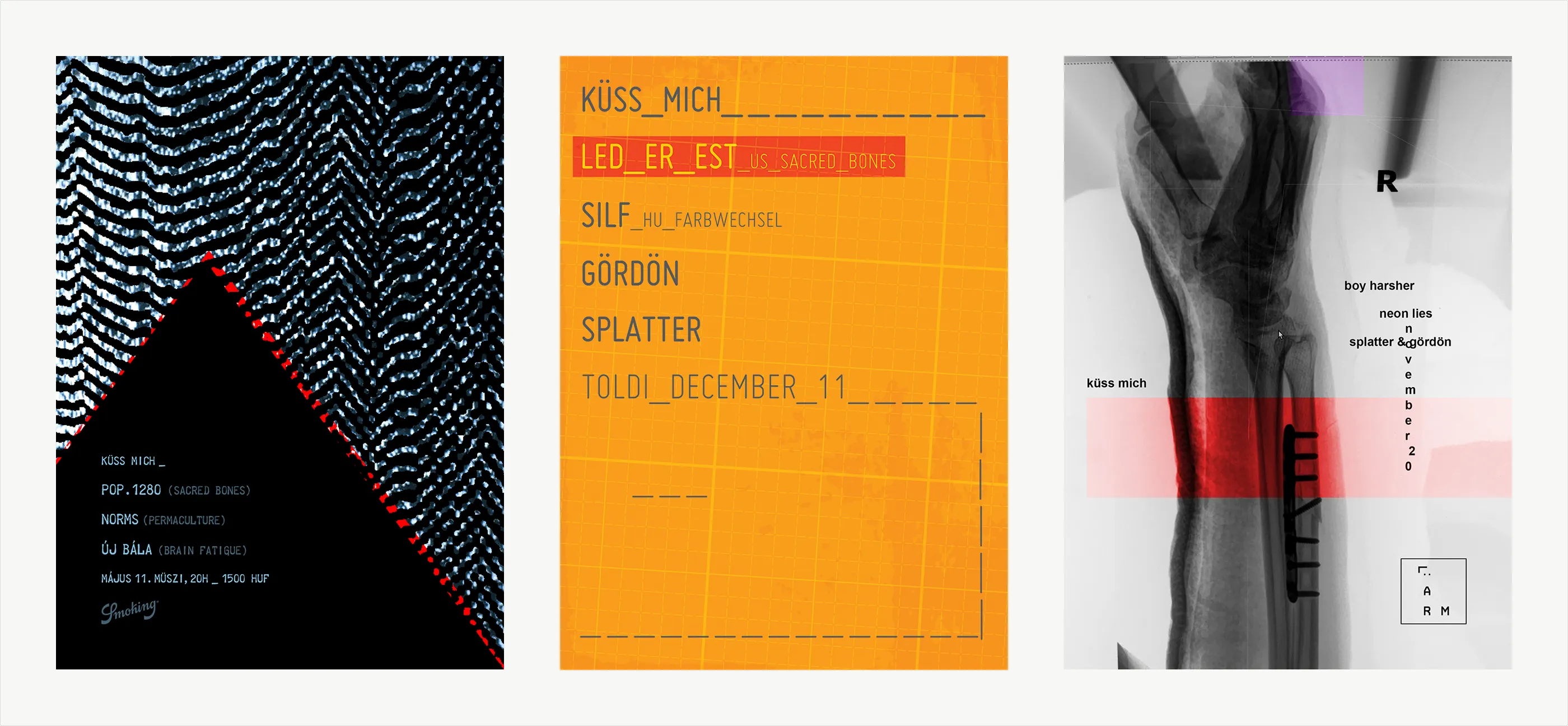 Posters for Küss Mich, some of many for the Budapest club night since 2010.
