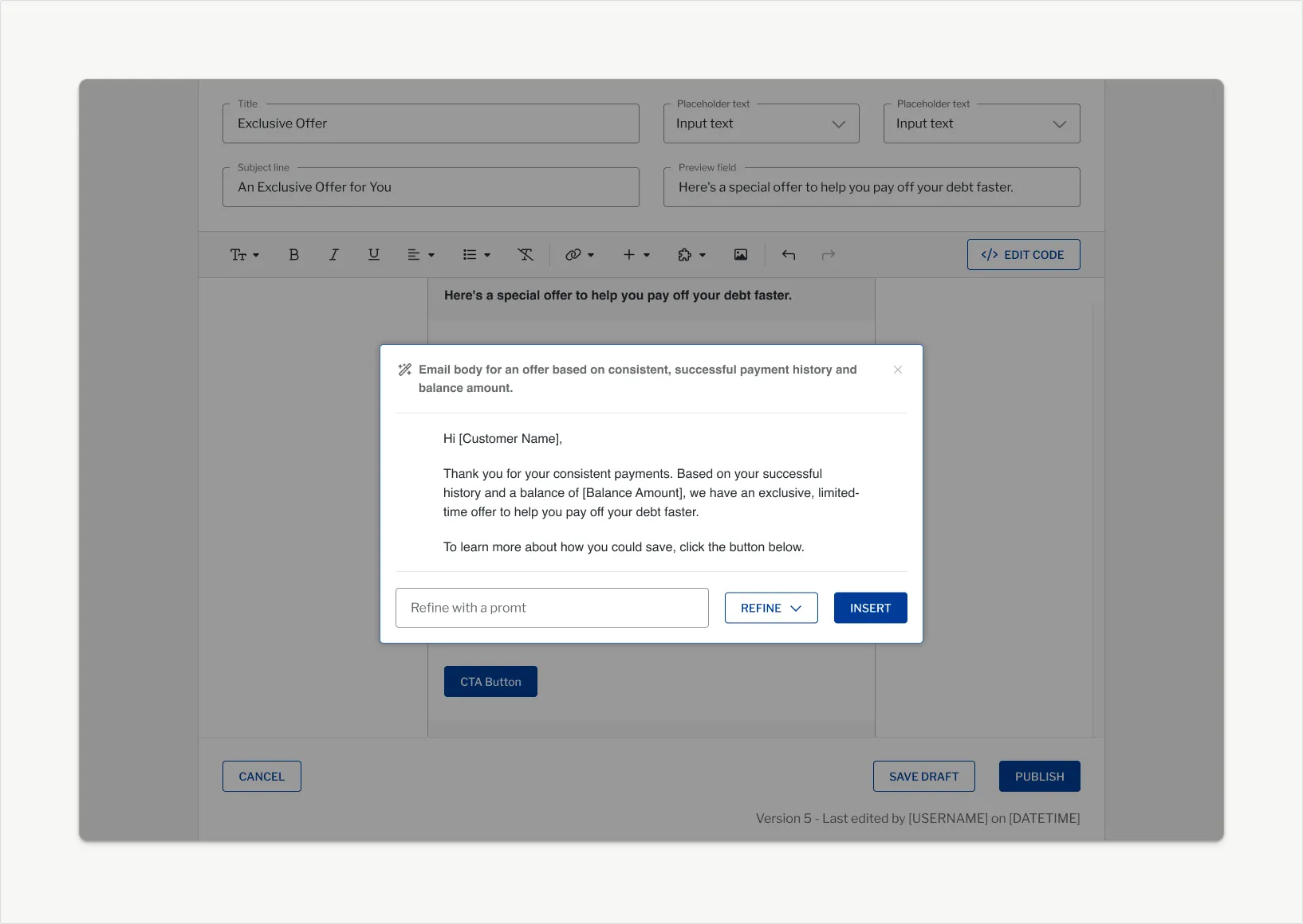 AI-assisted drafting in the messaging editor.