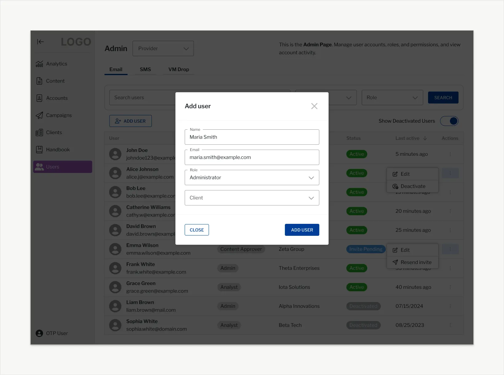 Client user management, with roles and permissions.