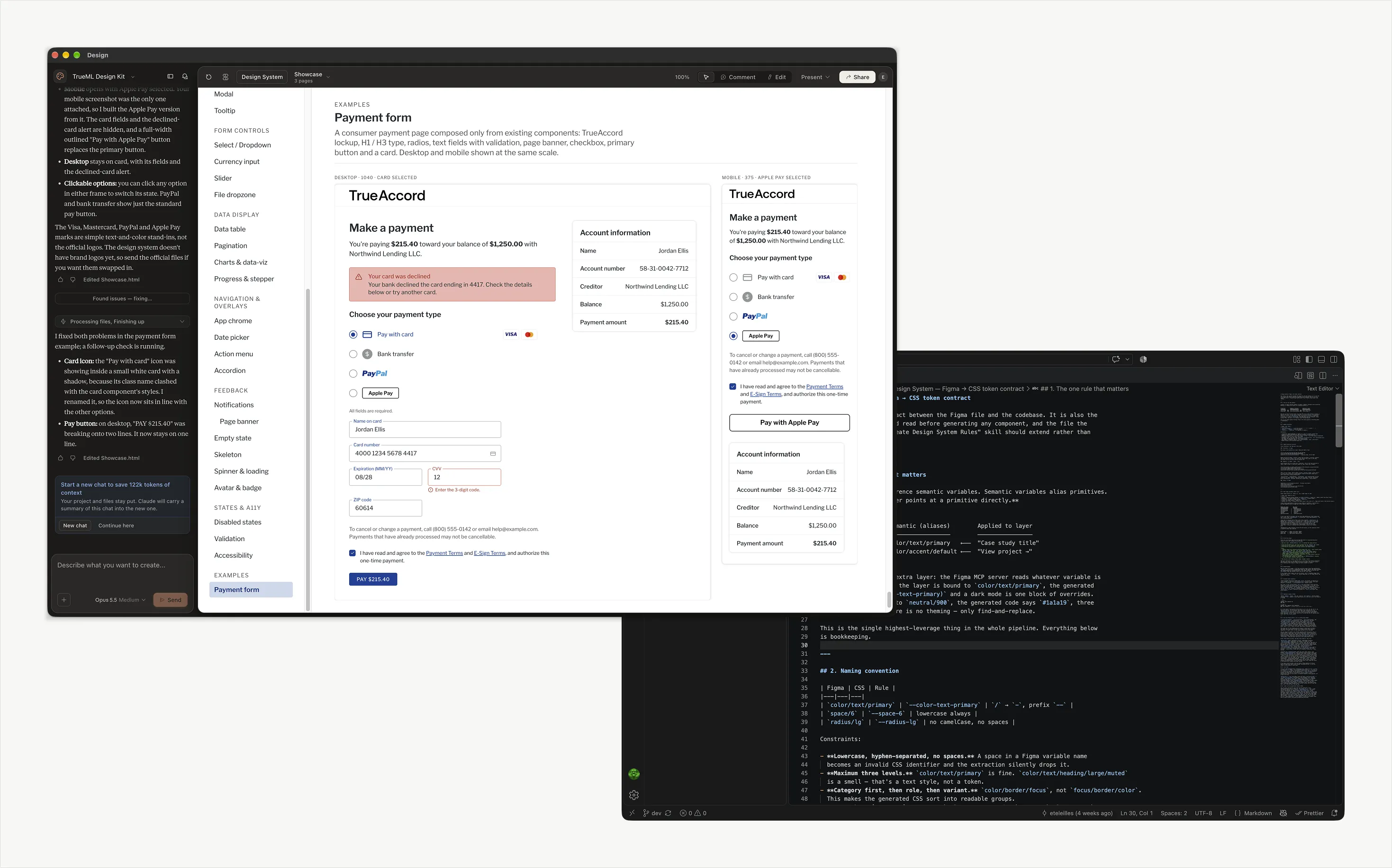 Claude Design generating a prototype, next to the design system's markdown reference.